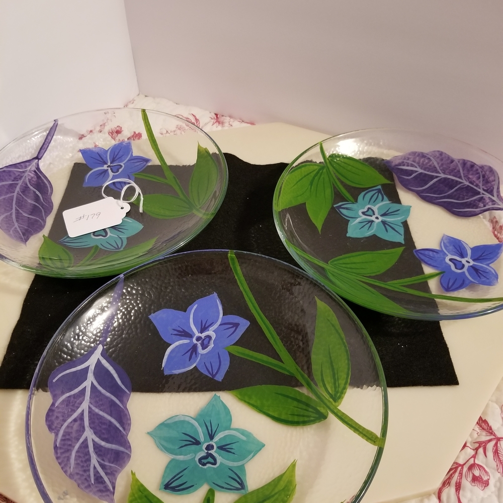 3 Unk Glass Plates with Blue and Green Floral Design